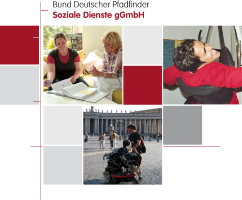 Bild: Collage aus grauen und roten Quadraten mit drei groen Fotos aus dem Alltag der Sozialen Dienste gGmbH